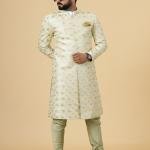 Regal Lemon-Yellow Thread Embroidered Sherwani | Father Son Combo | Perfect Groom Wear Achkan